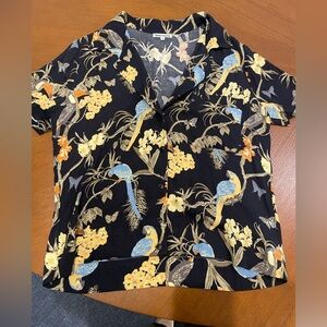 Reformation Black Shirt with Blue and Yellow Cuban Tropical Parrot Print